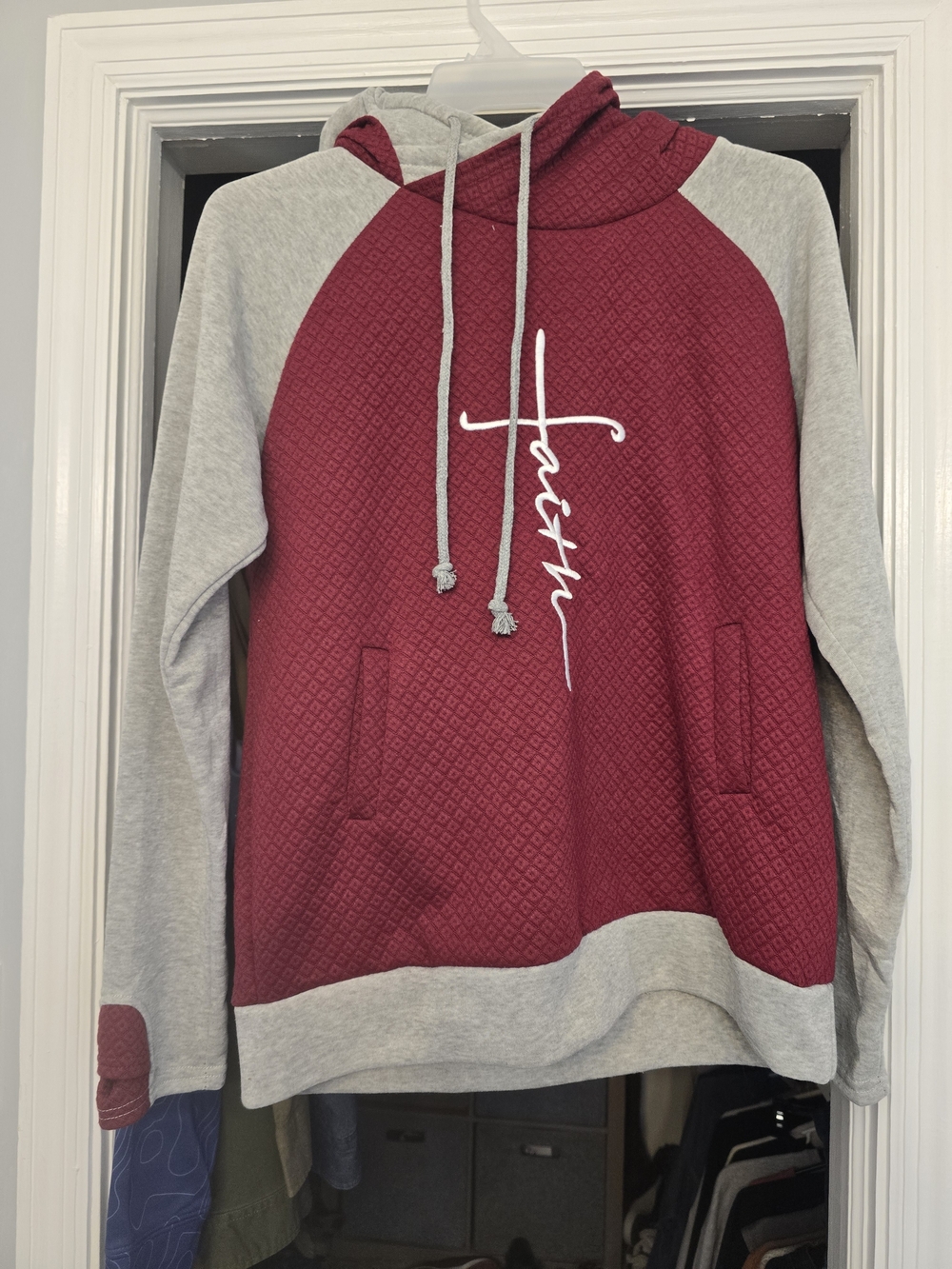 Faith Quilted Pattern Hoodie - Maroon and Gray